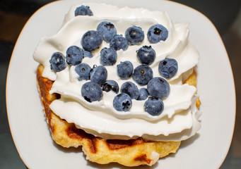 Liege Belgian Waffles with Pearl Sugar  with cream and blueberry