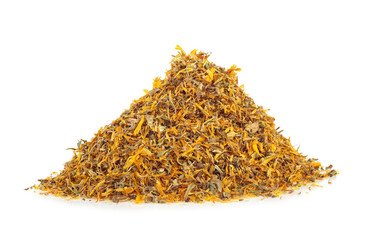 Pile of dried calendula petals on a white background. Full depth of field. - obrazy, fototapety, plakaty