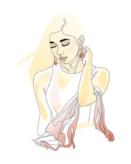 Pretty girl continuous line drawing minimalist design on white background. One line drawing body. Modern minimalism art, aesthetic contour. Abstract woman portrait minimalist style. Single line 