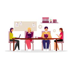 Office workers brainstorming, teamwork flat illustration. Business conference, seminar, corporate training. Managers team working isolated cartoon characters. Employees, executives, board of directors