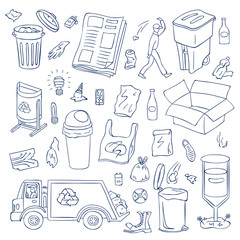 Vector garbage hand drawn doodle elements set. Waste recycling objects. Trash can types, plastic, bottles, garbage truck, broken gadgets illustration