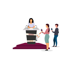 Journalist interviewing politician flat vector illustration. Press conference, politic public speech. Interviewer, reporter with microphones cartoon character. Woman, president, minister on podium