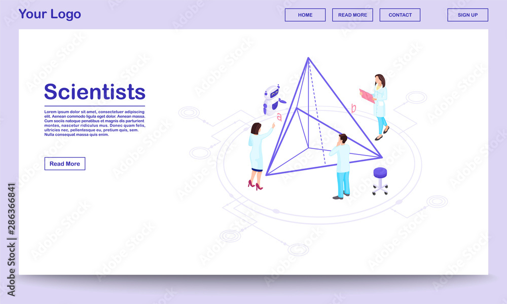 Fototapete computer assisted science isometric webpage template. scientists with ai assistant. geometry experts