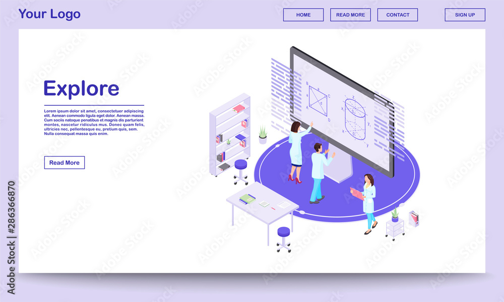 Fototapete scientific exploration isometric landing page template. cartoon mathematicians analysing data on int