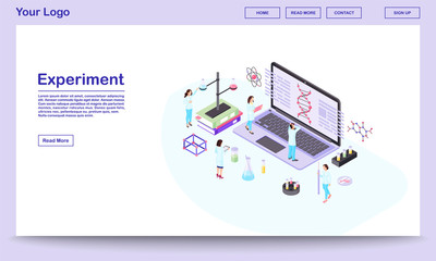 Genetic engineering isometric website template. Scientists analyzing DNA spiral on laptop screen. Biotechnology experts, researchers making experiments in modern lab. Geneticists team landing page