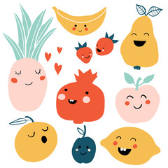Cute cartoon smiley fruits characters.