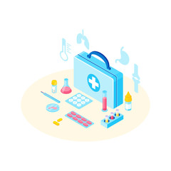 First aid kit with medicine isometric illustration. Treatment for lungs, stomach, bones diseases, illnesses. Pills, antibiotics for lowering fever. Testing experimental medicine in lab Petri dish