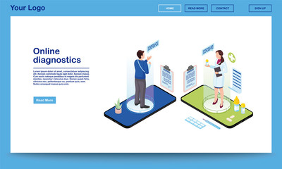 Online diagnostics service isometric website template. Traumatologist prescribing medication, painkillers for patient with broken arm. 3d doctor, client holograms on smartphone screen. Ehealth system