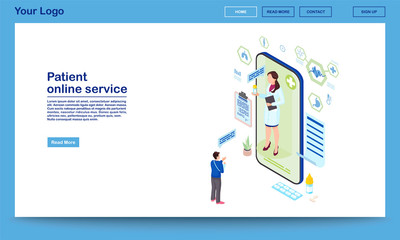 Patient support online service isometric homepage template. Remote medical consultant prescribing pills. Traumatologist consulting client via internet. Telemedicine technology mobile app promo webpage