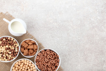 Various corn flakes with milk in jar on grey background