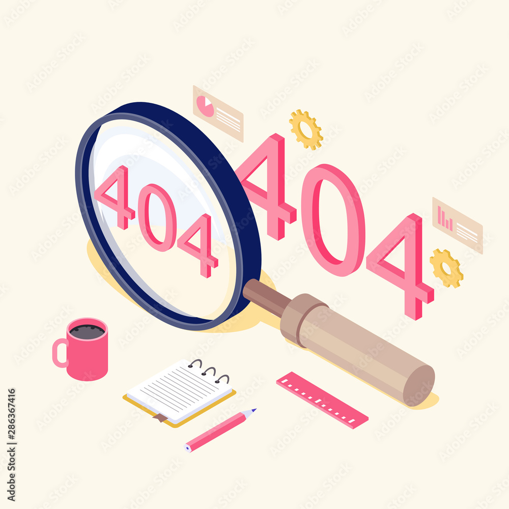 Poster broken links identification isometric illustration. 404 message in magnifying glass. server not foun