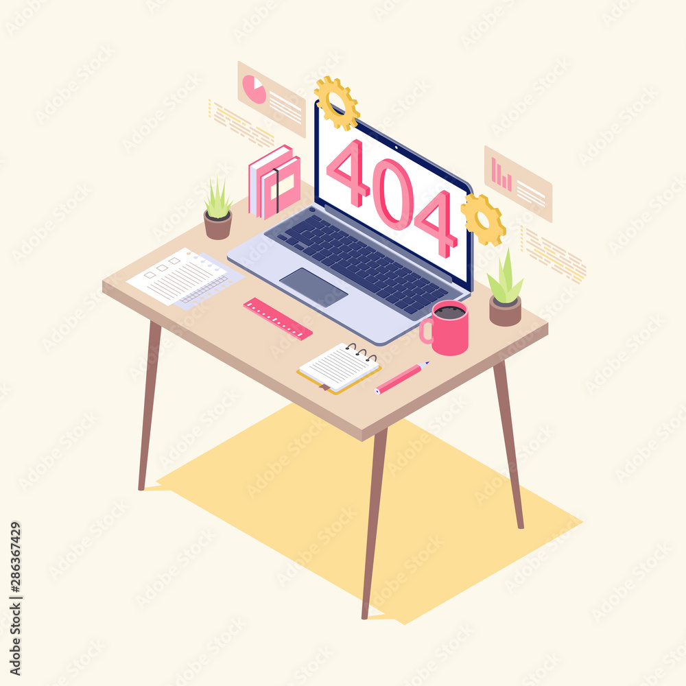Poster 404 error on laptop display isometric illustration. it specialist, analyst workplace. preparing netw