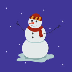 Cartoon snowman illustration. Flat style smiling snowman in scarf and hat.
