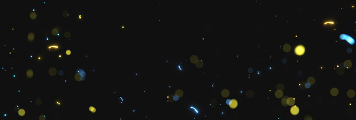 blurred yellow and blue sparks from neon lights in front of black backgound