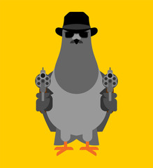 Dove spy. pigeon Secret agent. City bird in hat and with gun