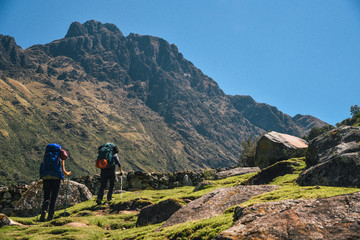 Fototapeta premium Hiker on Santa Cruz Trek in Huscaran National Park in the Cordillera Blanca in Northern Peru 
