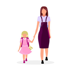 Mother with daughter going to school flat vector illustration. Older and younger sisters holding hands cartoon characters isolated on white background. Preteen and teen schoolchildren, schoolgirls