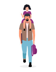 Little girl sitting on father neck flat vector illustration. Parent with schoolgirl and backpack going to kindergarten, elementary school cartoon character on white background. Happy preteen schoolkid