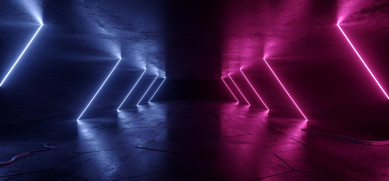 Neon Lights Purple Blue Sci Fi Futuristic Fluorescent Glowing Concrete Grunge Dark Empty Corridor Hallway Tunnel Underground Room Stage Virtual Cyber Laser Beam 3D Rendering © IM_VISUALS