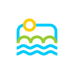 Travel logo. Sky and Sea. Travel agency sign. Nature icon. Mountains and fields symbol