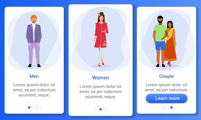 Fototapeta premium Adult population onboarding mobile app screen template. Gender ratio. Indian, irish, japanese multinational men, women, couples. Website steps with flat characters. UX, UI, GUI smartphone interface