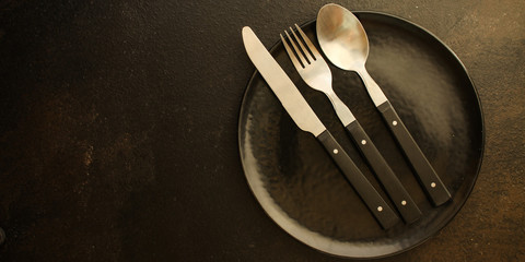 cutlery rustic, used for eating or serving (fork, knife, spoon - set). food background. copy space