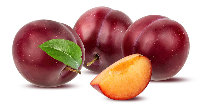 Fresh plum with leaf isolated on white background  with clipping path