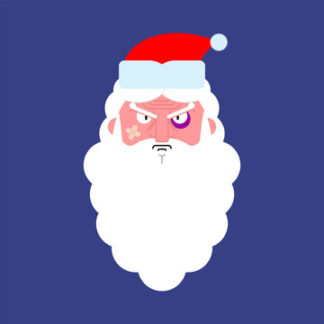 Hooligan angry Santa face. bully Claus. ruffian Christmas grandfather. New Year Vector illustration