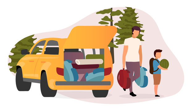 Family road trip flat vector illustration. Cartoon father and son carrying backpacks, watermelon. Car loaded with camping equipment. Summer vacation, backpacking holiday in countryside, forest