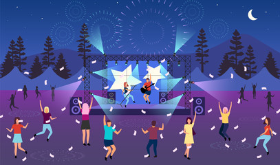 Nighttime music festival flat vector illustration. Open air live performance. Rock, pop musician concert, party in park, camp. Summertime fun outdoor activity. Dancing cartoon characters © IMGvisualsCharacters
