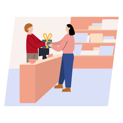 Woman buying presents for Christmas. Man giving woman a present box and she is paying for it. Flat cartoon vector illustration.