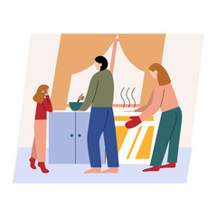 Family cooking Christmas dinner. Man, woman and their daughter preparing for Christmas. Flat cartoon vector illustration