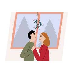 A cute couple on Christmas tree. Man and woman kissing under a mistletoe holding hands and watching in each other eyes. Flat cartoon vector illustration