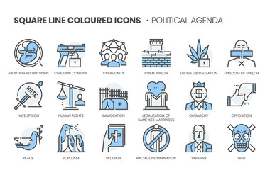 Political agenda related, square line color vector icon set for applications and website development. The icon set is pixelperfect with 64x64 grid. Crafted with precision and eye for quality.
