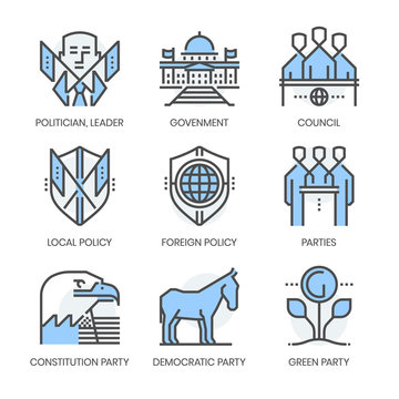 Politics and parties related, square line color vector icon set for applications and website development. The icon set is pixelperfect with 64x64 grid. Crafted with precision and eye for quality.