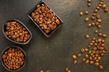 coffee (coffee bean and brewed coffee) top concept. food background. copy space