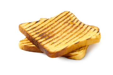 Two slices of roasted toast bread on white