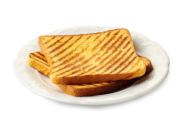 Dish with two roasted slices of bread on white