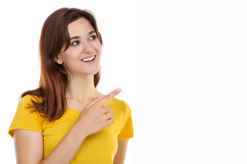 Young woman with blank board on white background