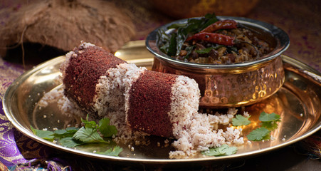 Millet Puttu- Indian Steamed Millet Flour Cakes, Layered with  Coconut, Served with  Chickpea Curry