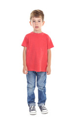 Fototapeta premium Little boy in jeans and red t-shirt on white background