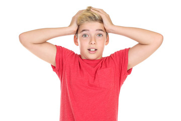 Young boy in red t-shirt on white background