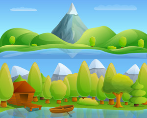 Mountain lake concept banner. Cartoon illustration of mountain lake vector concept banner for web design