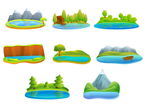 Lake icons set. Cartoon set of lake vector icons for web design