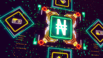 Nigerian naira currency symbol on digital background. Finance and business.