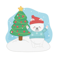 happy merry christmas card with bear teddy and pine