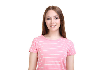Fototapeta premium Young woman in pink t-shirt on white background