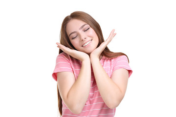 Young woman in pink t-shirt on white background