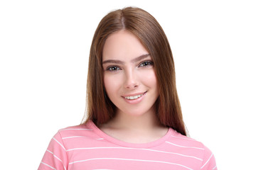 Young woman in pink t-shirt on white background