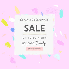 Summer social media banner with abstract hand drawn colorful brush painting confetti background